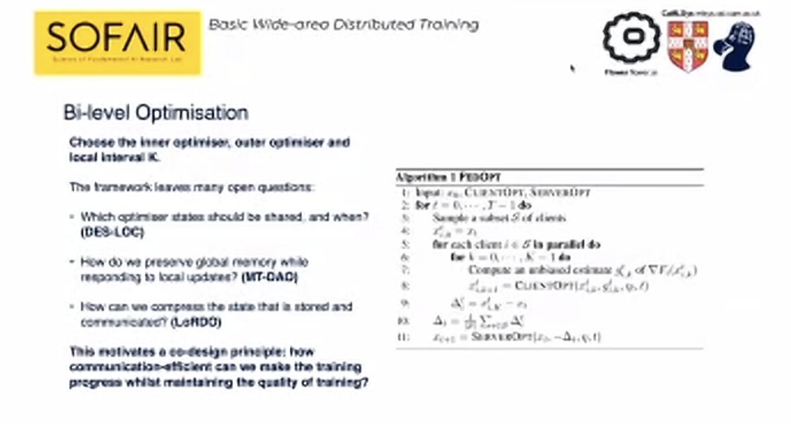 Slide: Basic wide-area distributed training as bi-level optimisation: choose the inner optimiser, outer optimiser and local interval K. Open questions: which optimiser states to share and when (DES-LOC), preserving global memory while responding to local updates (MT-DAO), compressing the stored and communicated state (LoRDO).