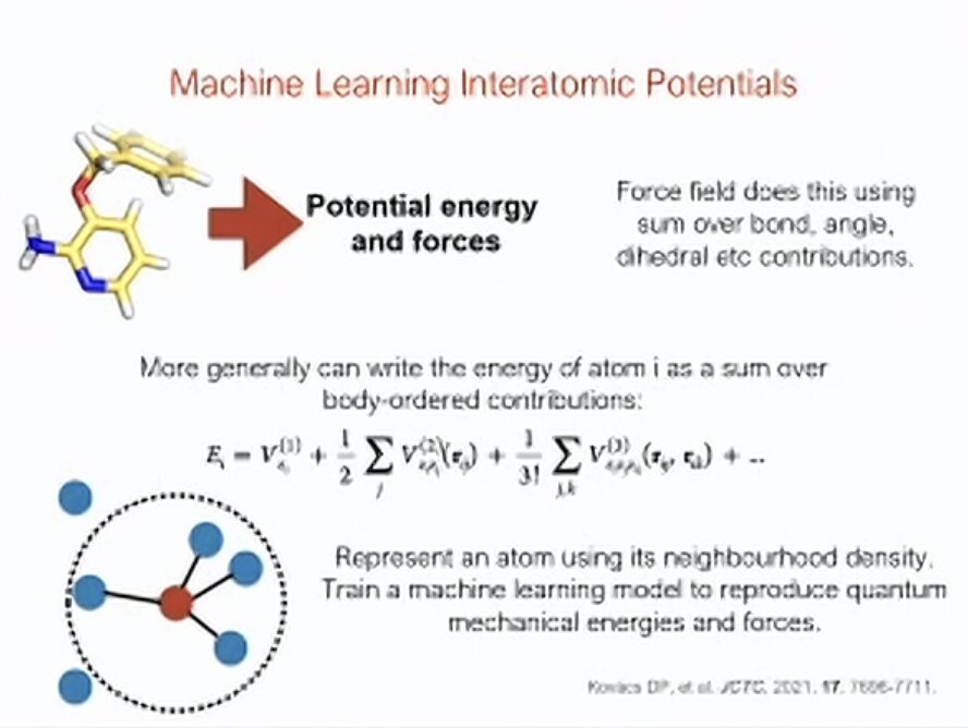 Slide: Machine Learning Interatomic Potentials. The energy of an atom written as a sum over body-ordered contributions; an atom is represented by its neighbourhood density, and a model is trained to reproduce quantum mechanical energies and forces.